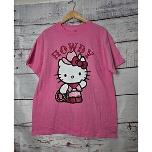 Hello Kitty Womens Tshirt Pink Large Cowgirl Howdy Graphic Unisex Cotton
